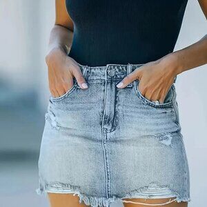 Denim Raw Hem Skirt (Color: Bright Steel Blue)